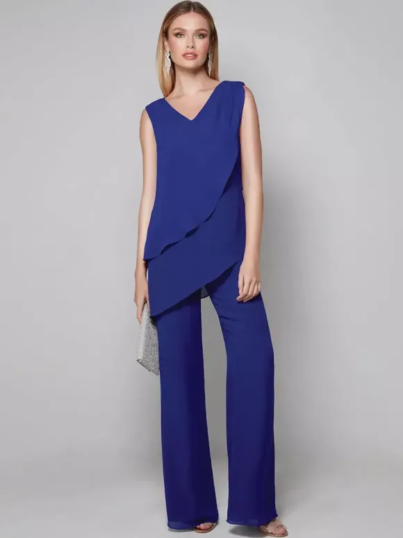 Robe de soirée pour mère de la mariée combinaison sans manches col en v longueur au sol robes d'invitées pour mariage