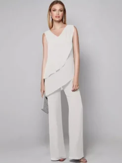 Robe de soirée pour mère de la mariée combinaison sans manches col en v longueur au sol robes d'invitées pour mariage