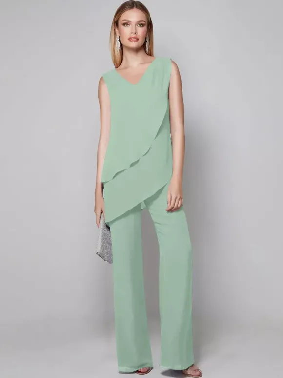 Robe de soirée pour mère de la mariée combinaison sans manches col en v longueur au sol robes d'invitées pour mariage