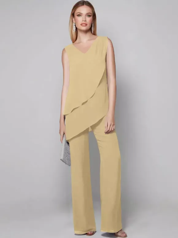 Robe de soirée pour mère de la mariée combinaison sans manches col en v longueur au sol robes d'invitées pour mariage