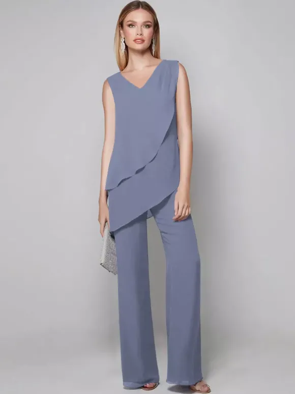 Robe de soirée pour mère de la mariée combinaison sans manches col en v longueur au sol robes d'invitées pour mariage