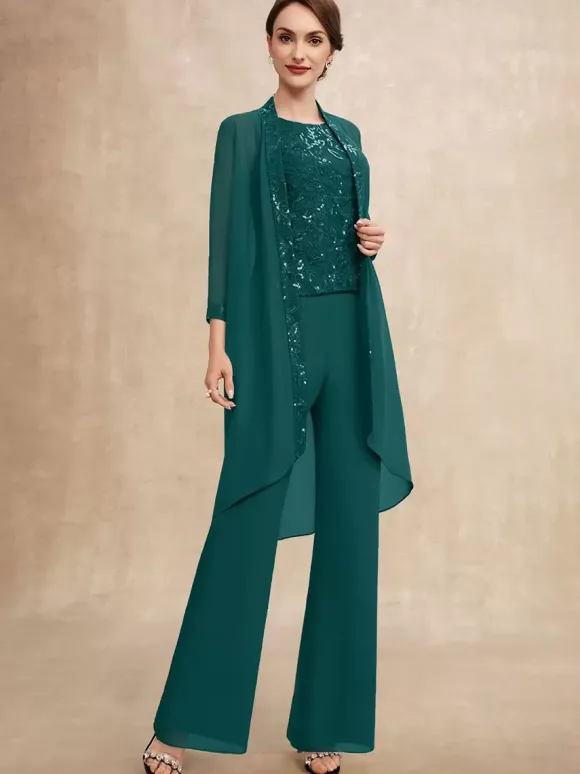 Robe de soirée pour mère de la mariée col bijou sans manches deux pièces paillettes robes d'invitées pour mariage