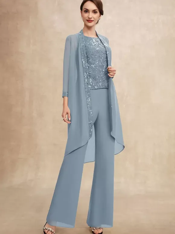 Robe de soirée pour mère de la mariée col bijou sans manches deux pièces paillettes robes d'invitées pour mariage