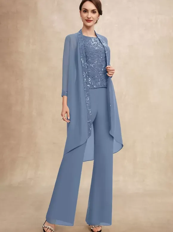 Robe de soirée pour mère de la mariée col bijou sans manches deux pièces paillettes robes d'invitées pour mariage