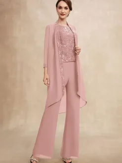 Robe de soirée pour mère de la mariée col bijou sans manches deux pièces paillettes robes d'invitées pour mariage