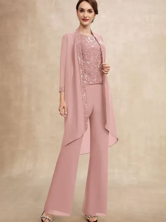 Robe de soirée pour mère de la mariée col bijou sans manches deux pièces paillettes robes d'invitées pour mariage