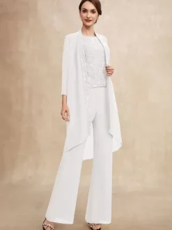 Robe de soirée pour mère de la mariée col bijou sans manches deux pièces paillettes robes d'invitées pour mariage