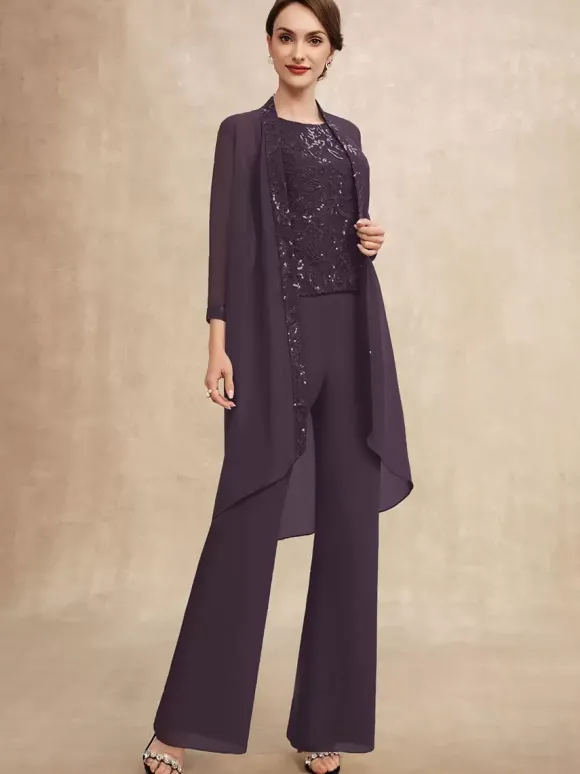 Robe de soirée pour mère de la mariée col bijou sans manches deux pièces paillettes robes d'invitées pour mariage