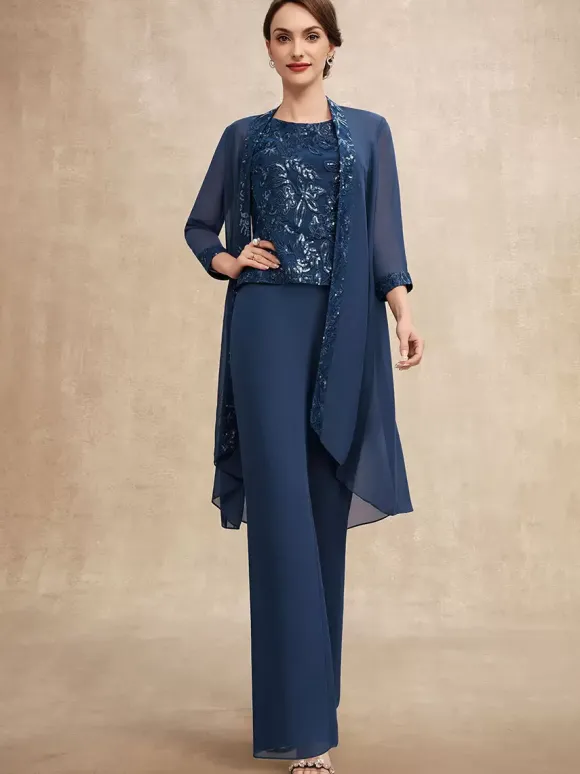 Robe de soirée pour mère de la mariée col bijou sans manches deux pièces paillettes robes d'invitées pour mariage