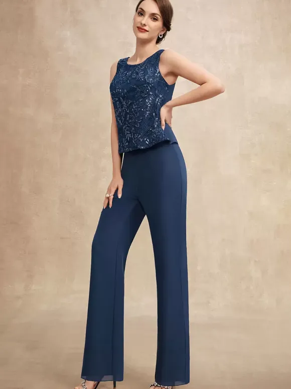 Robe de soirée pour mère de la mariée col bijou sans manches deux pièces paillettes robes d'invitées pour mariage