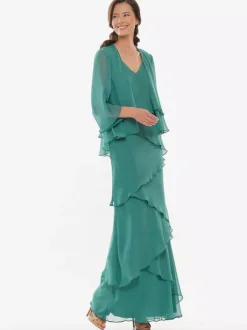 Robe de soirée pour mère de la mariée col en v sans manches ligne a à volants robes d'invitées de mariage