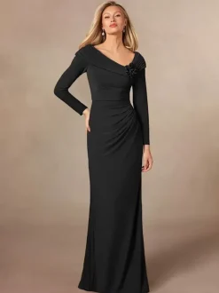 Robe de soirée pour mère de la mariée col en v manches longues sirène plissée longueur au sol robes d'invitées de mariage