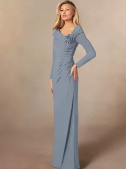 Robe de soirée pour mère de la mariée col en v manches longues sirène plissée longueur au sol robes d'invitées de mariage