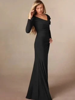 Robe de soirée pour mère de la mariée col en v manches longues sirène plissée longueur au sol robes d'invitées de mariage