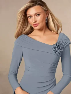 Robe de soirée pour mère de la mariée col en v manches longues sirène plissée longueur au sol robes d'invitées de mariage