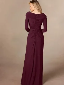 Robe de soirée pour mère de la mariée col en v manches longues sirène plissée longueur au sol robes d'invitées de mariage