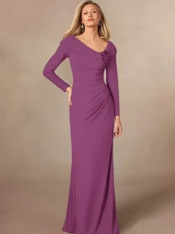 Robe de soirée pour mère de la mariée col en v manches longues sirène plissée longueur au sol robes d'invitées de mariage