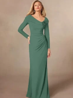 Robe de soirée pour mère de la mariée col en v manches longues sirène plissée longueur au sol robes d'invitées de mariage