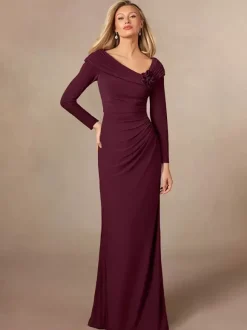 Robe de soirée pour mère de la mariée col en v manches longues sirène plissée longueur au sol robes d'invitées de mariage