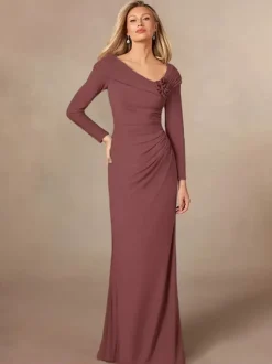 Robe de soirée pour mère de la mariée col en v manches longues sirène plissée longueur au sol robes d'invitées de mariage