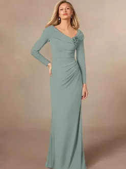 Robe de soirée pour mère de la mariée col en v manches longues sirène plissée longueur au sol robes d'invitées de mariage