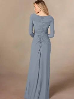 Robe de soirée pour mère de la mariée col en v manches longues sirène plissée longueur au sol robes d'invitées de mariage