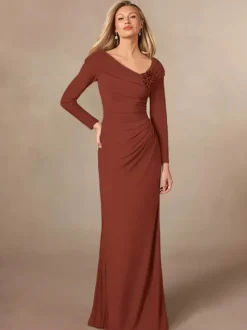 Robe de soirée pour mère de la mariée col en v manches longues sirène plissée longueur au sol robes d'invitées de mariage