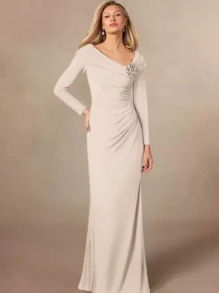 Robe de soirée pour mère de la mariée col en v manches longues sirène plissée longueur au sol robes d'invitées de mariage