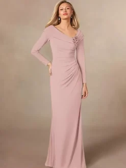 Robe de soirée pour mère de la mariée col en v manches longues sirène plissée longueur au sol robes d'invitées de mariage