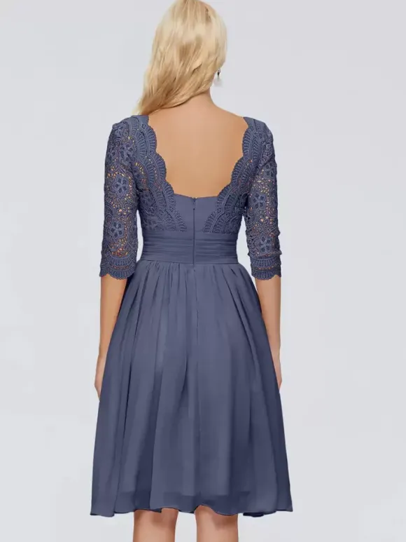 Robe de soirée pour mère de la mariée col en v demi-manches courte en dentelle longueur aux genoux robes d'invitées de mariage