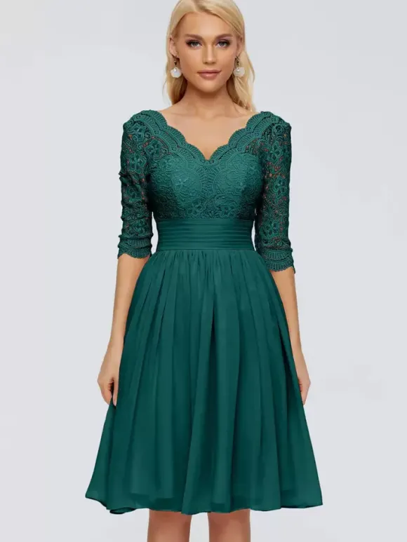 Robe de soirée pour mère de la mariée col en v demi-manches courte en dentelle longueur aux genoux robes d'invitées de mariage