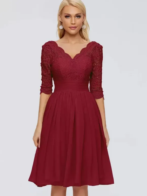 Robe de soirée pour mère de la mariée col en v demi-manches courte en dentelle longueur aux genoux robes d'invitées de mariage