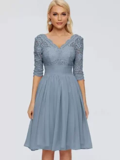 Robe de soirée pour mère de la mariée col en v demi-manches courte en dentelle longueur aux genoux robes d'invitées de mariage