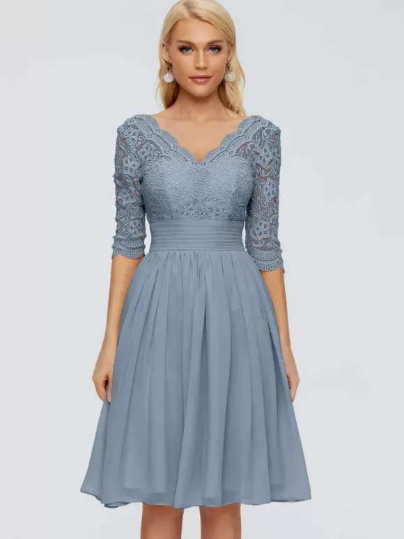 Robe de soirée pour mère de la mariée col en v demi-manches courte en dentelle longueur aux genoux robes d'invitées de mariage