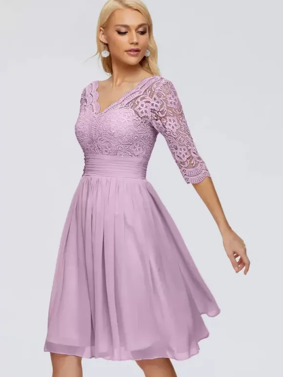 Robe de soirée pour mère de la mariée col en v demi-manches courte en dentelle longueur aux genoux robes d'invitées de mariage
