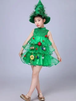 Robe de soirée pour Noël vert Santa Tree Polyester Fiber Hat Dress Costumes de vacances de Noël Ensemble complet