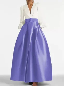 Robe de soirée princesse décolleté en V manches longues fermeture éclair ceinture en satin.