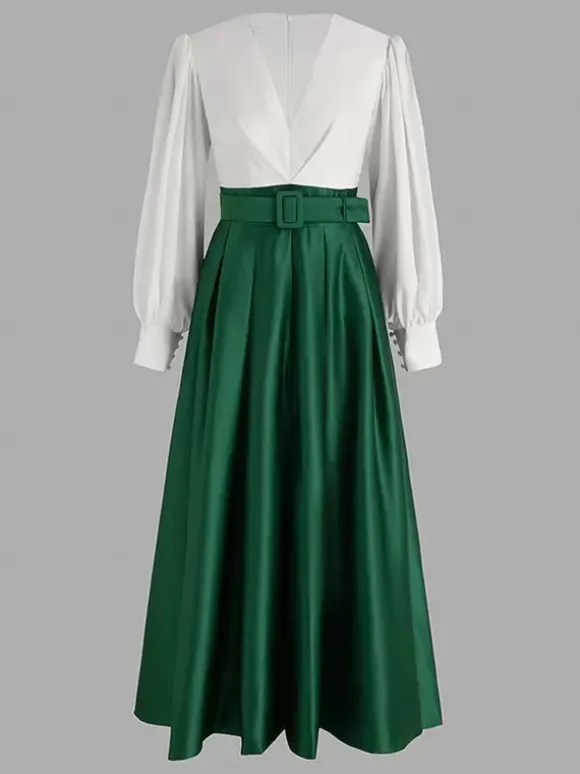 Robe de soirée princesse décolleté en V manches longues fermeture éclair ceinture en satin.