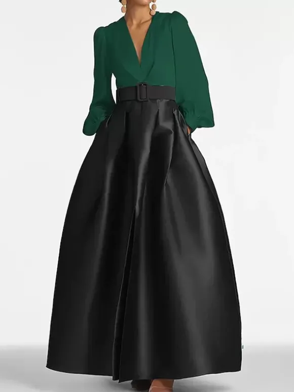 Robe de soirée princesse décolleté en V manches longues fermeture éclair ceinture en satin.