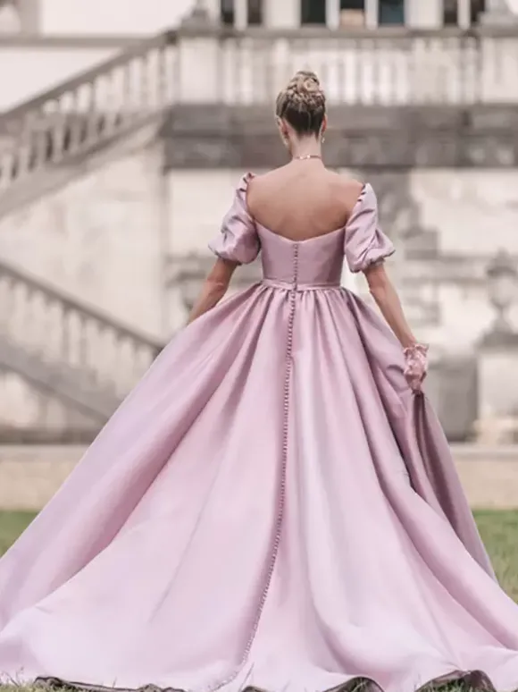 Robe de soirée princesse silhouette col carré tissu satiné longueur au sol boutons robes de soirée sociales