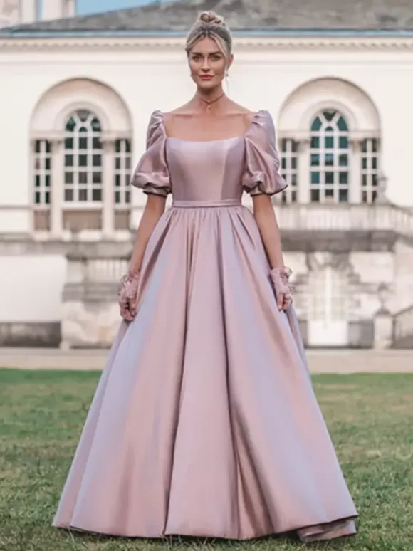 Robe de soirée princesse silhouette col carré tissu satiné longueur au sol boutons robes de soirée sociales