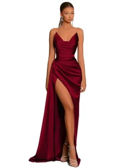 Robe de soirée robe cocktail mariage en satin bustier sans manche jupe fendue