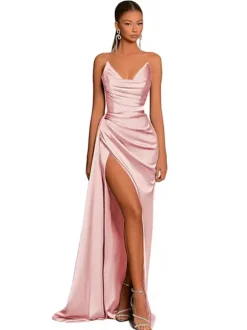 Robe de soirée robe cocktail mariage en satin bustier sans manche jupe fendue