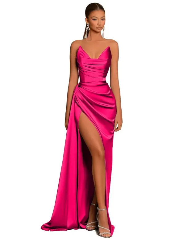 Robe de soirée robe cocktail mariage en satin bustier sans manche jupe fendue