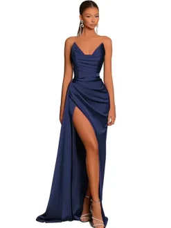 Robe de soirée robe cocktail mariage en satin bustier sans manche jupe fendue