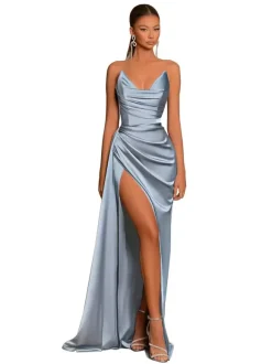 Robe de soirée robe cocktail mariage en satin bustier sans manche jupe fendue