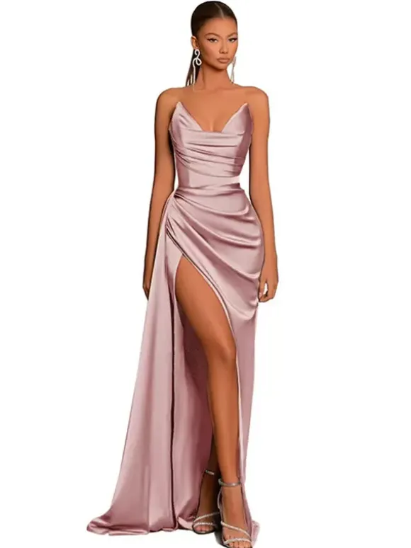 Robe de soirée robe cocktail mariage en satin bustier sans manche jupe fendue