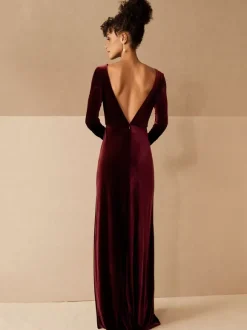 Robe de soirée robe cérémonie femme verte col V manche longue décollecté au sol