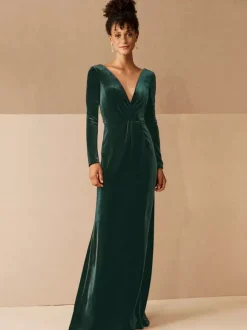 Robe de soirée robe cérémonie femme verte col V manche longue décollecté au sol