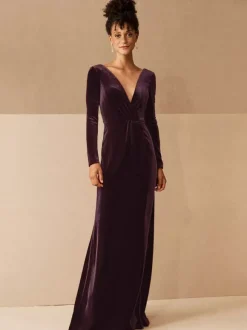 Robe de soirée robe cérémonie femme verte col V manche longue décollecté au sol